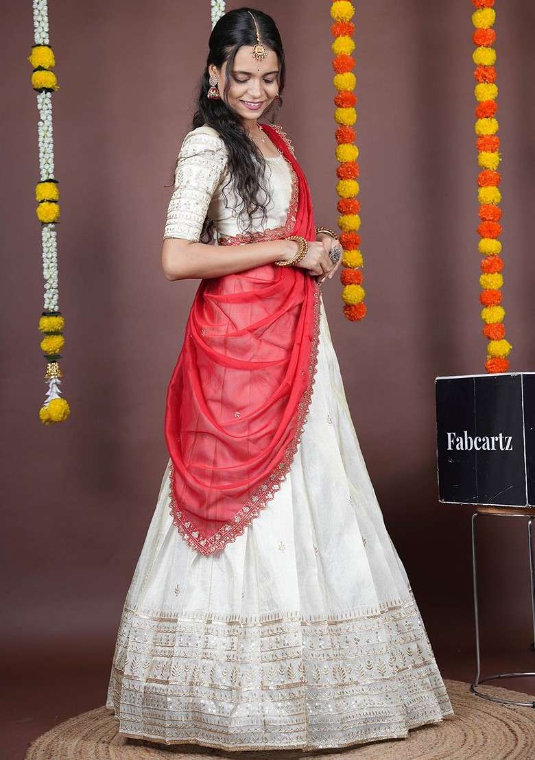 Red Emboridered Blended Lehenga Choli - Indya