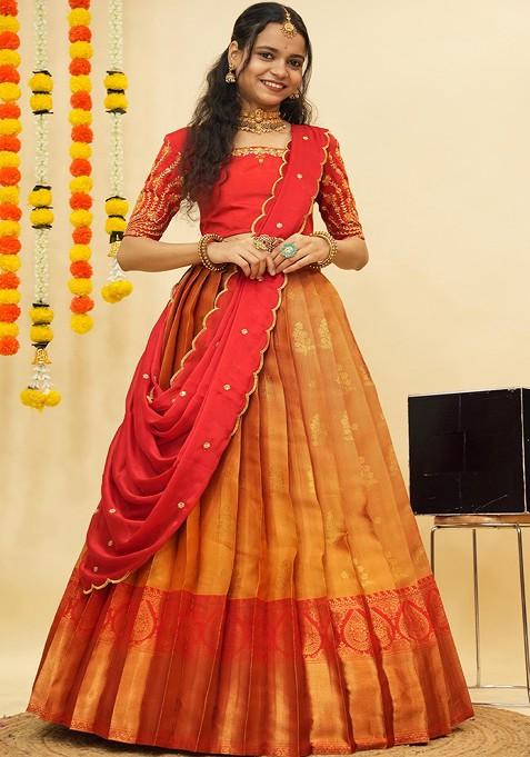 Orange Emboridered Blended Lehenga Choli — view on Indya
