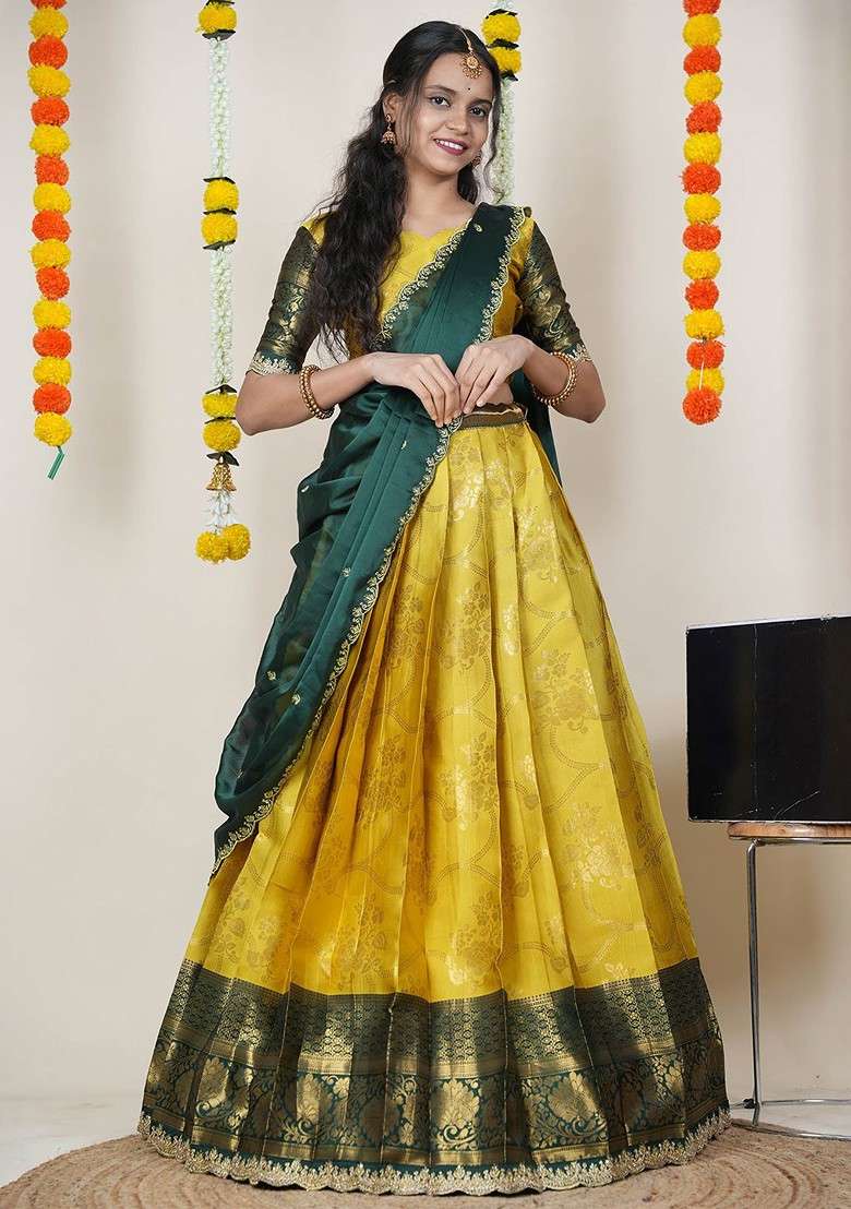 Yellow Woven Design Blended Lehenga Choli - Indya