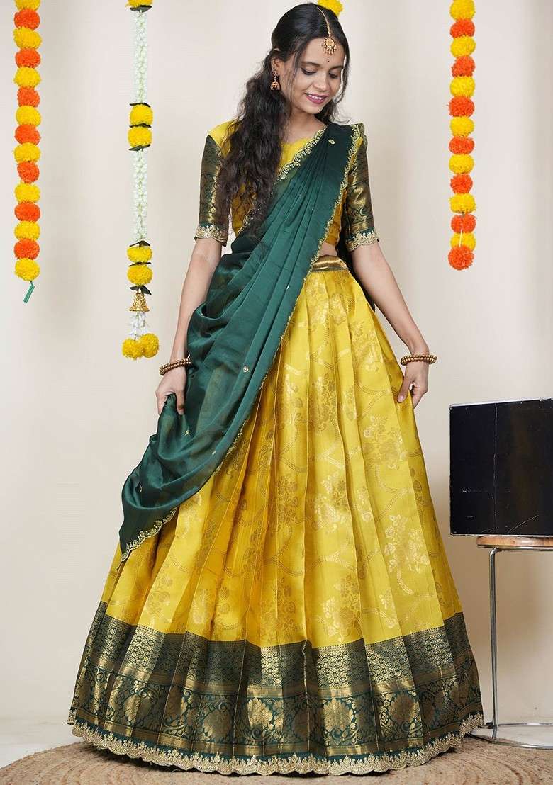 Yellow Woven Design Blended Lehenga Choli - Indya