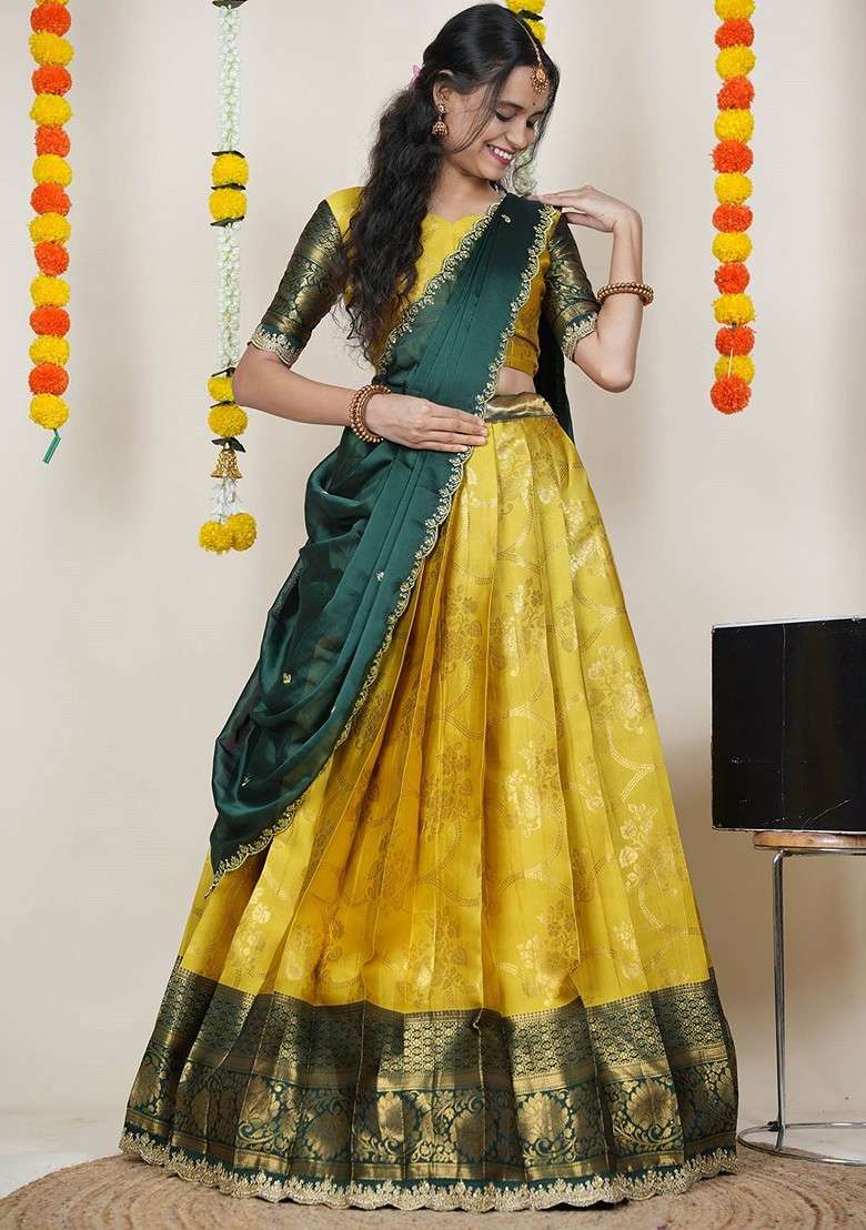 Yellow Woven Design Blended Lehenga Choli - Indya