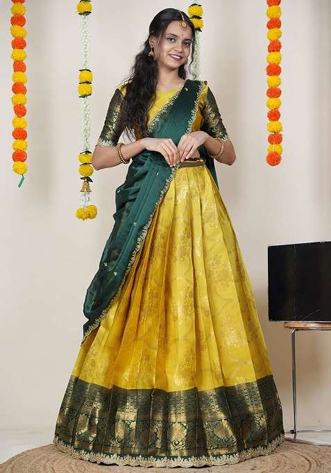 Yellow Woven Design Blended Lehenga Choli