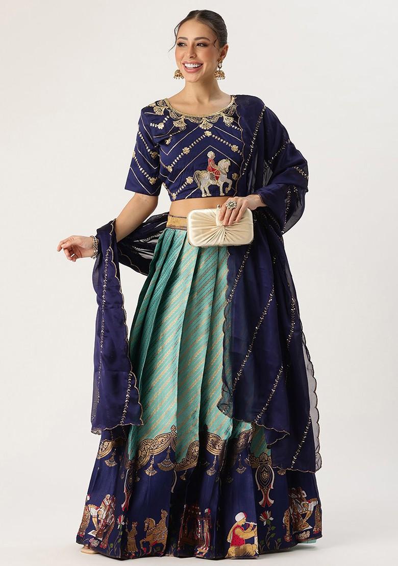 Turquoise Blue Emboridered Blended Lehenga Choli - Indya