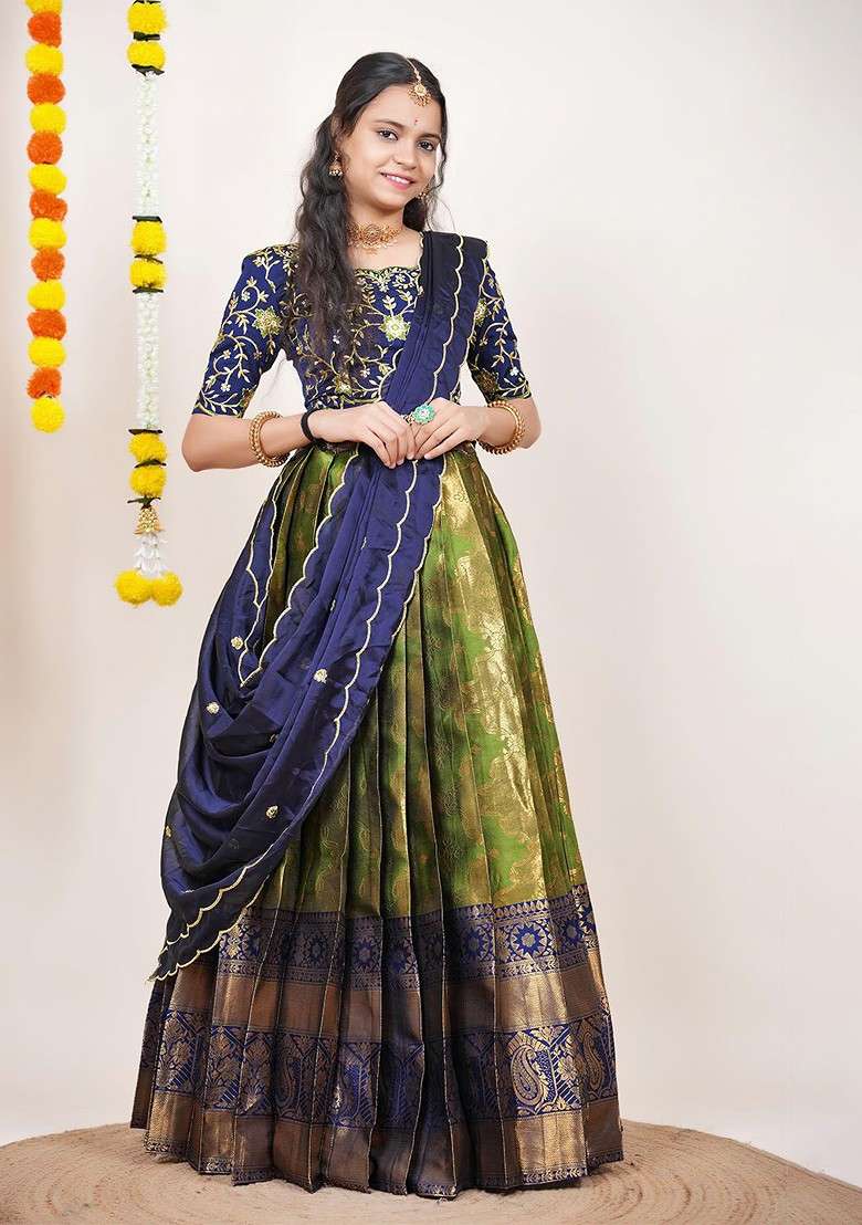 Green Woven Design Blended Lehenga Choli - Indya