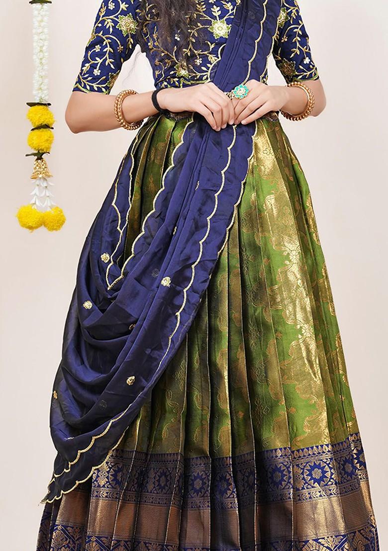 Green Woven Design Blended Lehenga Choli - Indya