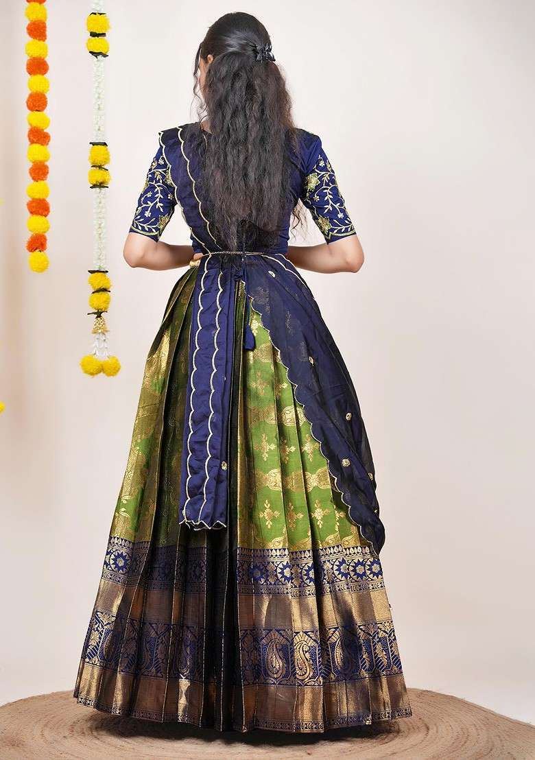 Green Woven Design Blended Lehenga Choli - Indya