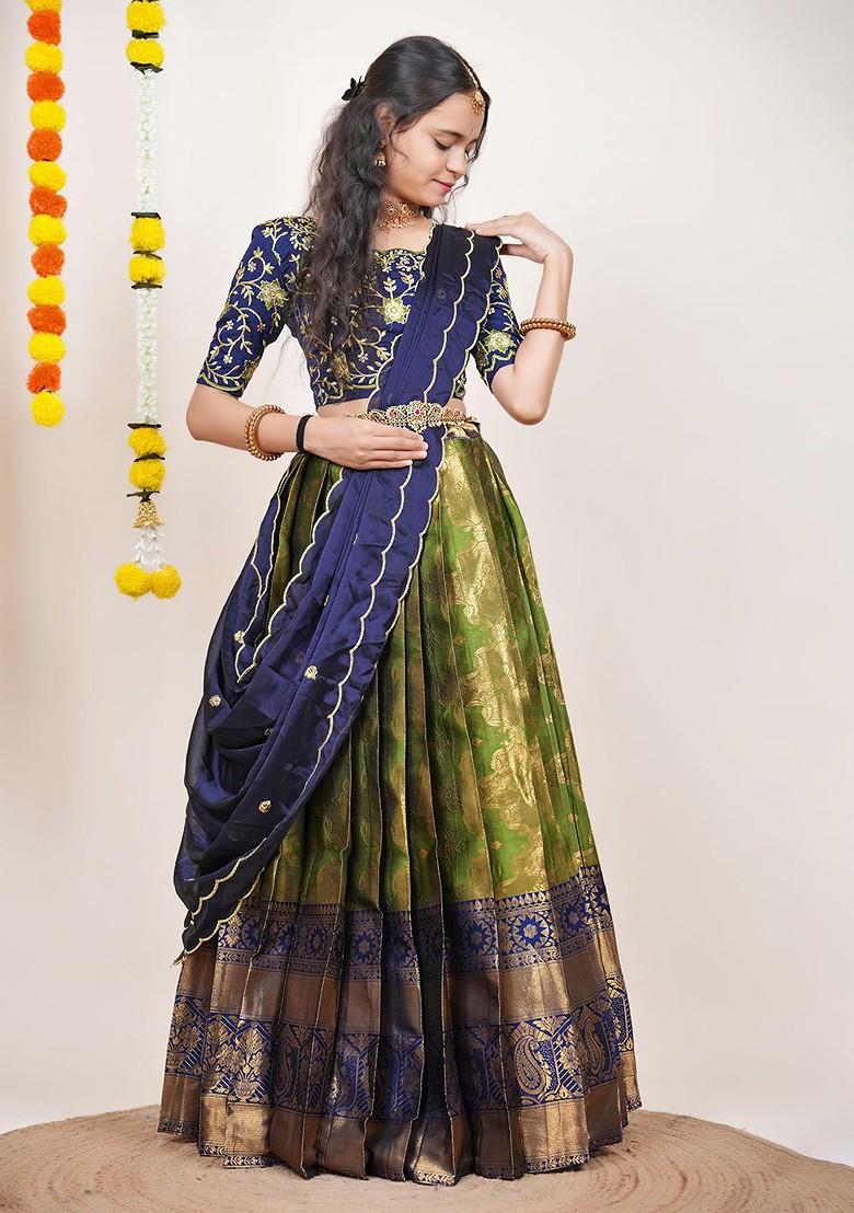 Green Woven Design Blended Lehenga Choli - Indya