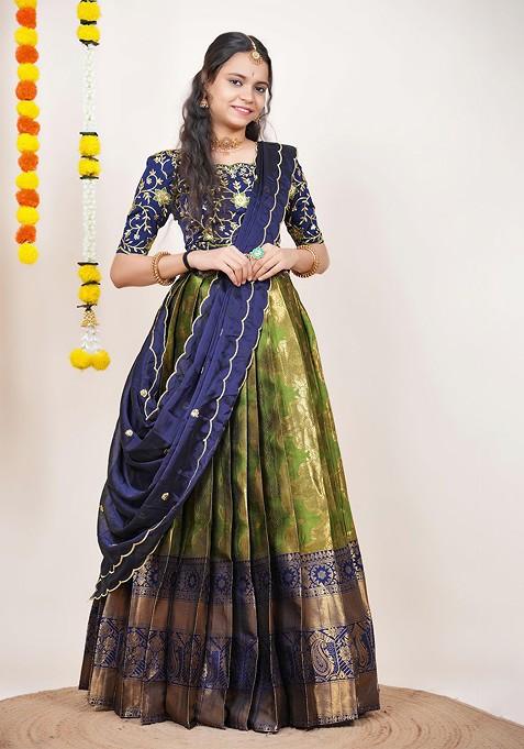 Green Woven Design Blended Lehenga Choli