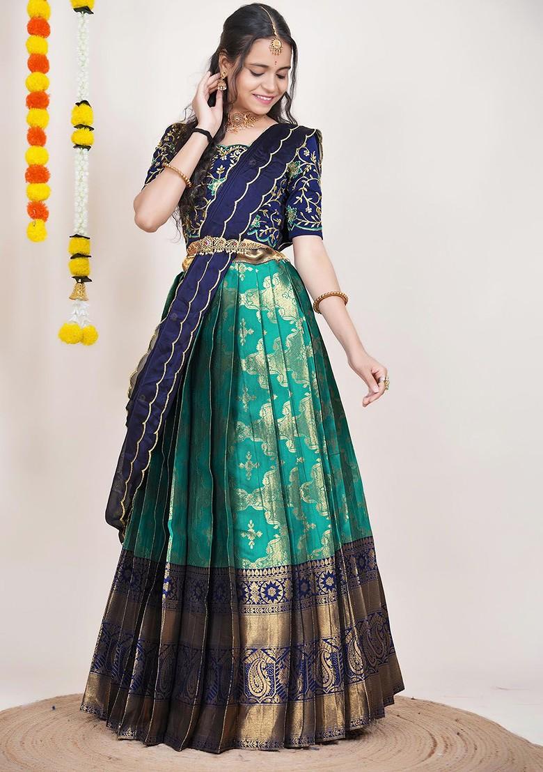 Turquoise Blue Woven Design Blended Lehenga Choli - Indya