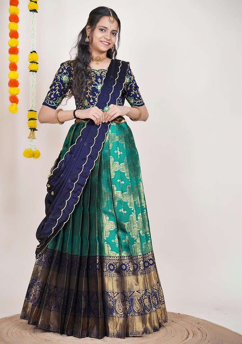 Turquoise Blue Woven Design Blended Lehenga Choli - Indya