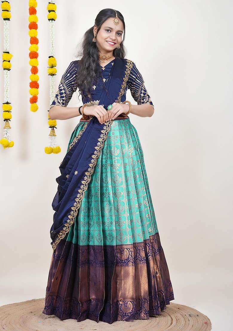 Sea Green Woven Design Blended Lehenga Choli - Indya