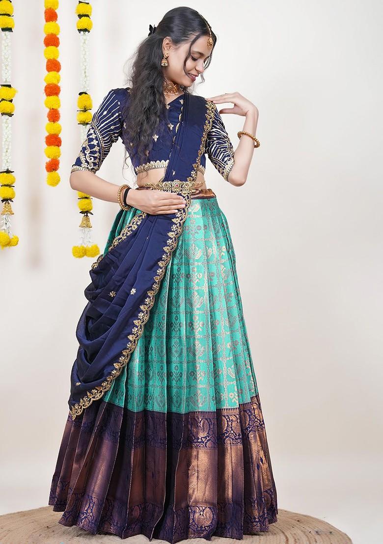 Sea Green Woven Design Blended Lehenga Choli - Indya