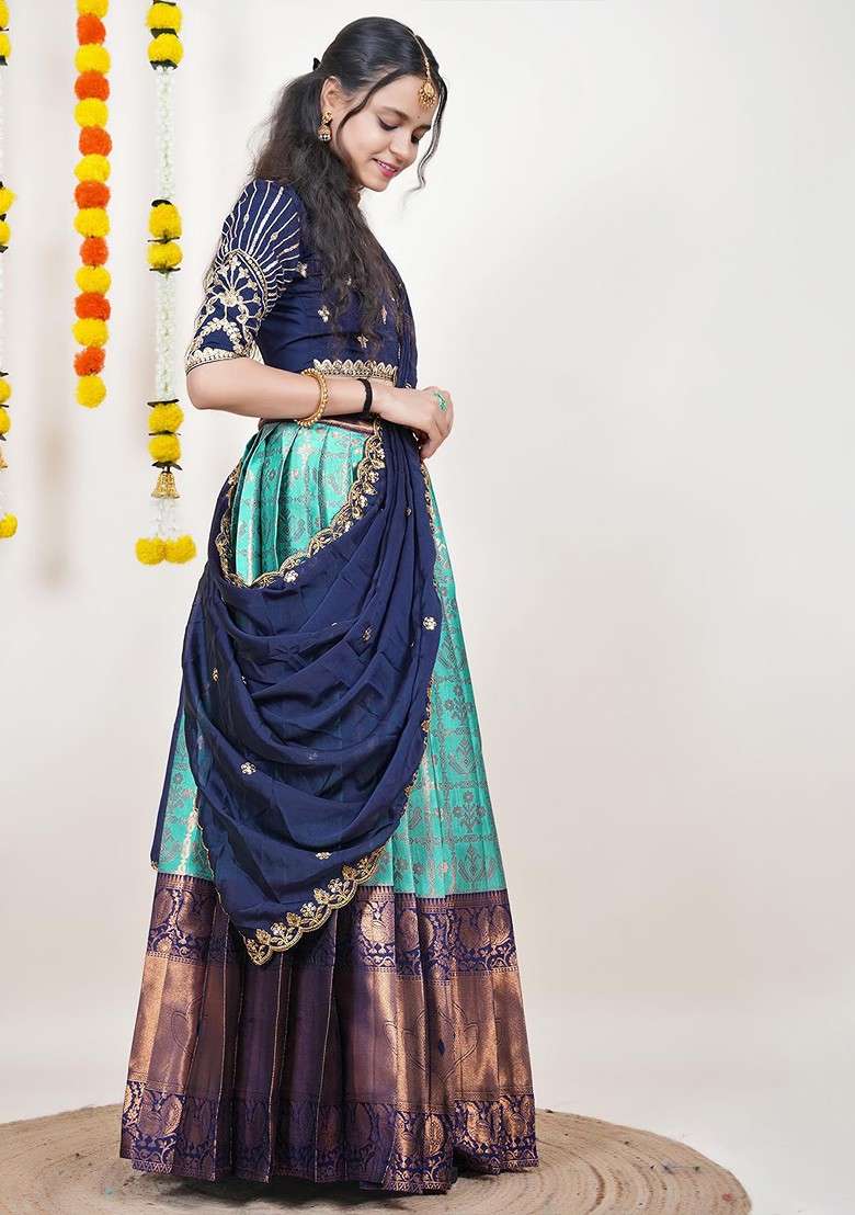 Sea Green Woven Design Blended Lehenga Choli - Indya