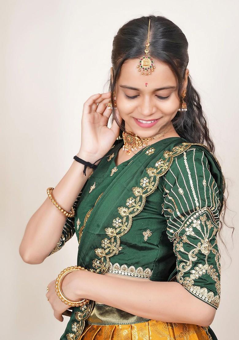 Orange Woven Design Blended Lehenga Choli - Indya
