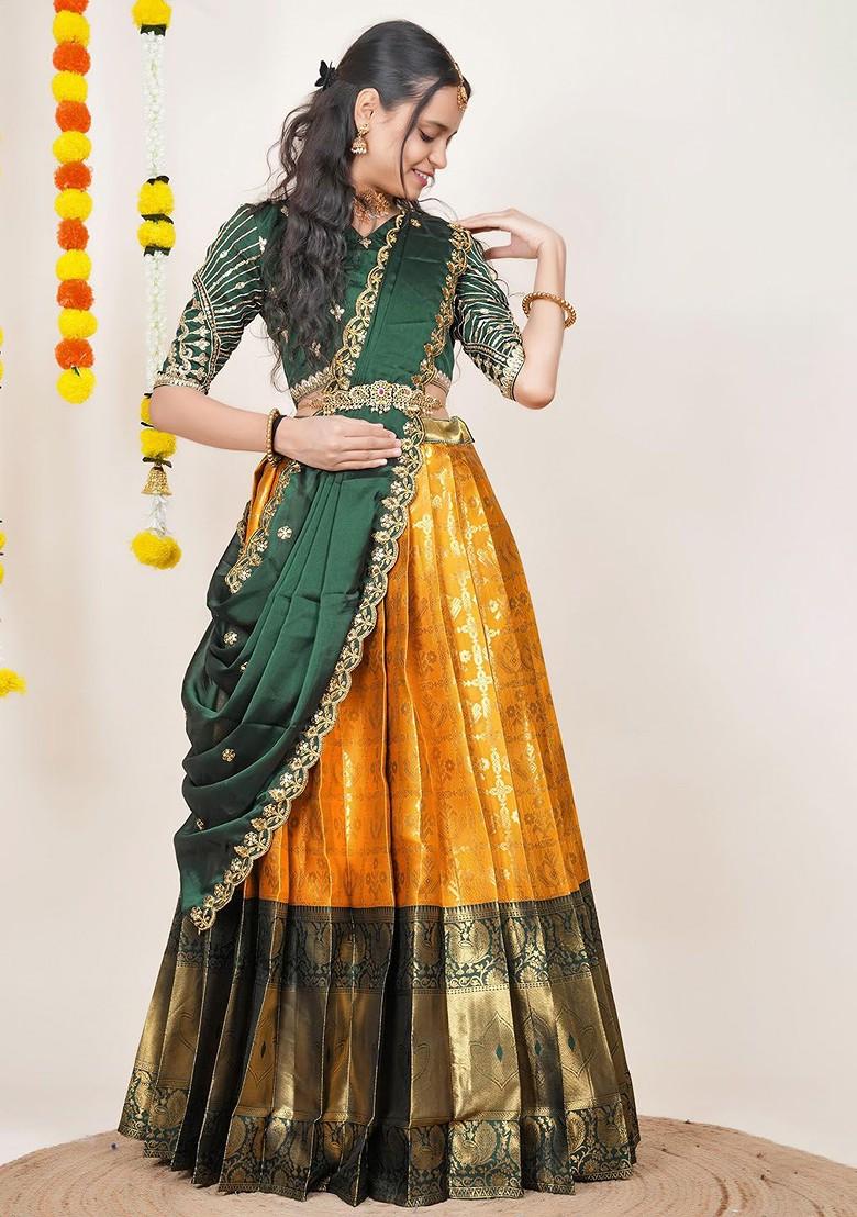 Orange Woven Design Blended Lehenga Choli - Indya