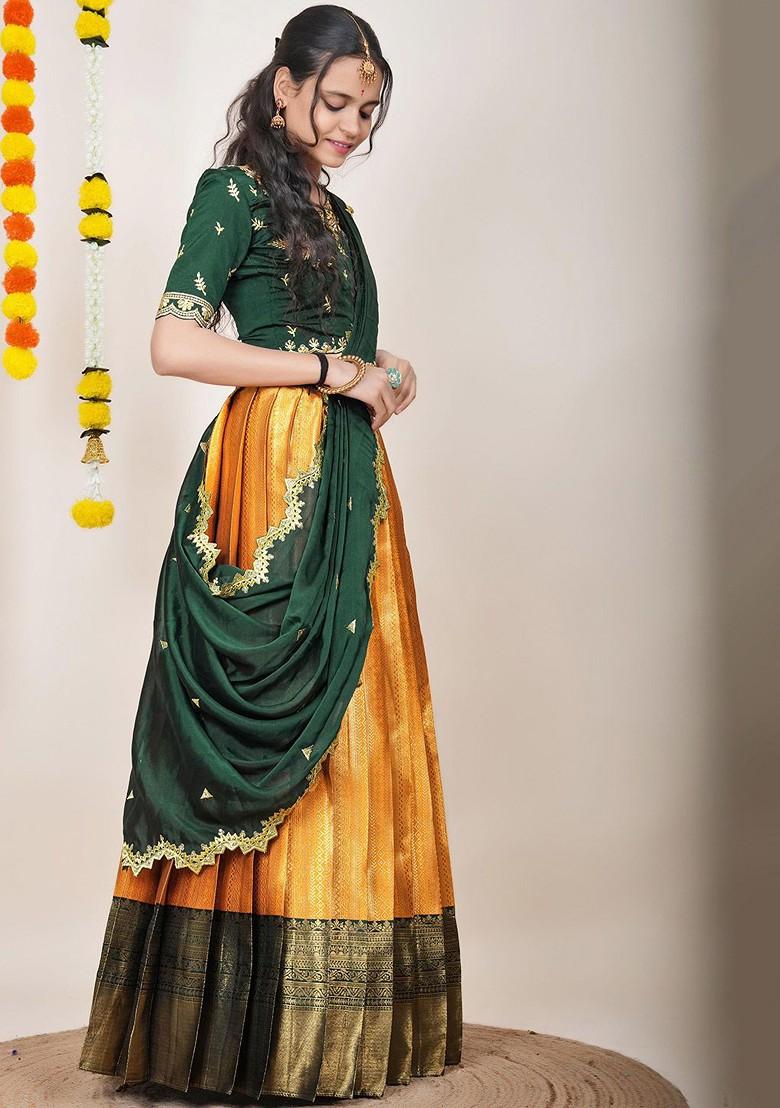 Green Woven Design Blended Lehenga Choli - Indya