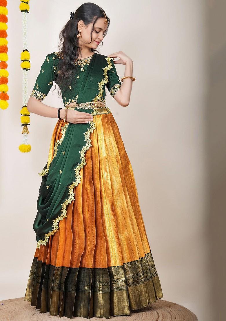 Green Woven Design Blended Lehenga Choli - Indya