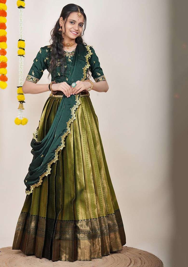 Green Woven Design Blended Lehenga Choli - Indya