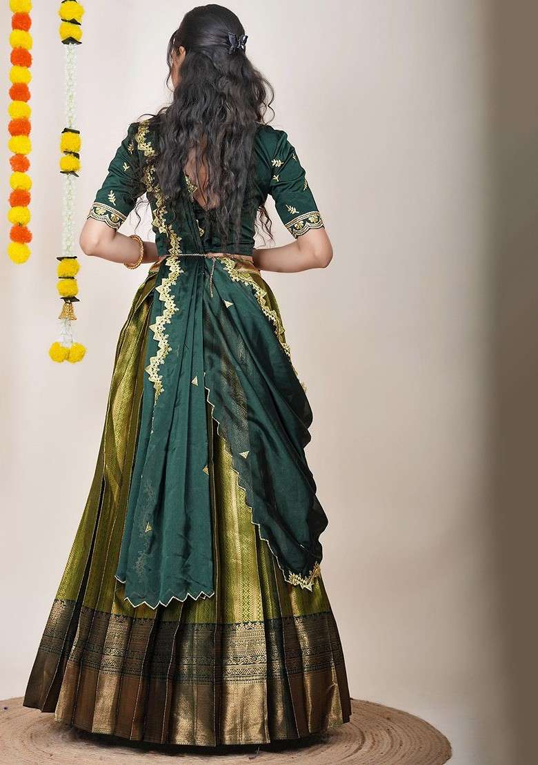 Green Woven Design Blended Lehenga Choli - Indya