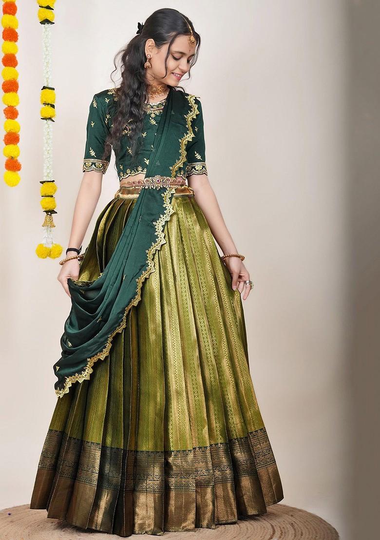 Green Woven Design Blended Lehenga Choli - Indya