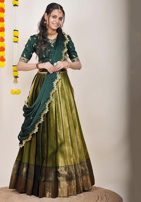 Green Woven Design Blended Lehenga Choli