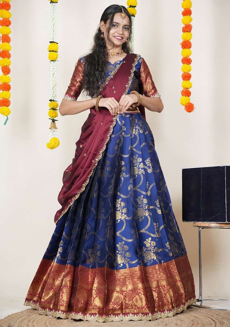 Navy Blue Woven Design Blended Lehenga Choli - Indya