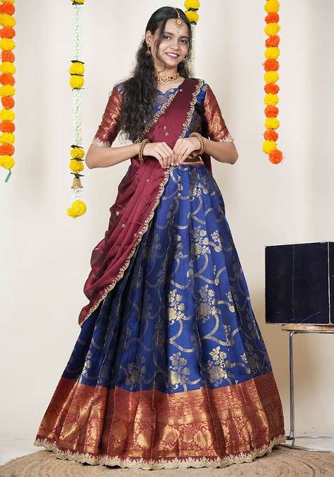 Navy Blue Woven Design Blended Lehenga Choli