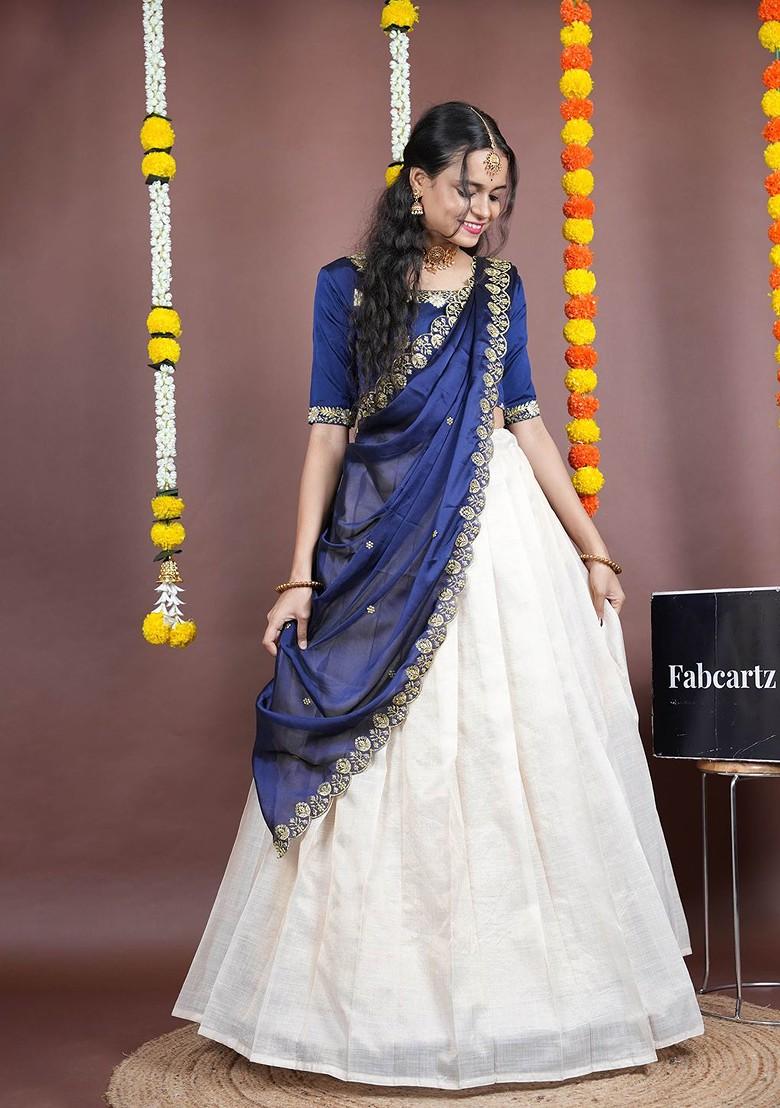 Navy Blue Emboridered Blended Lehenga Choli - Indya