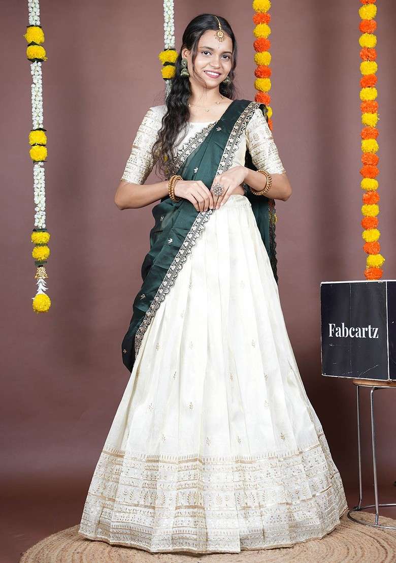 Green Emboridered Blended Lehenga Choli - Indya