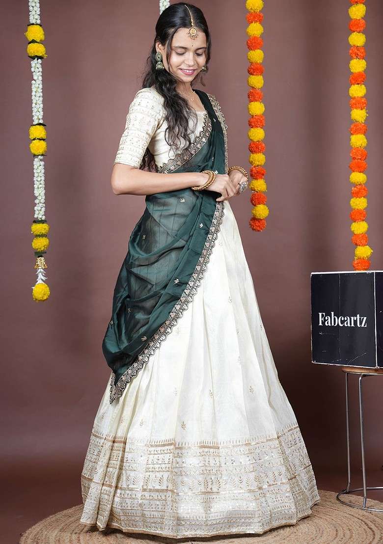 Green Emboridered Blended Lehenga Choli - Indya