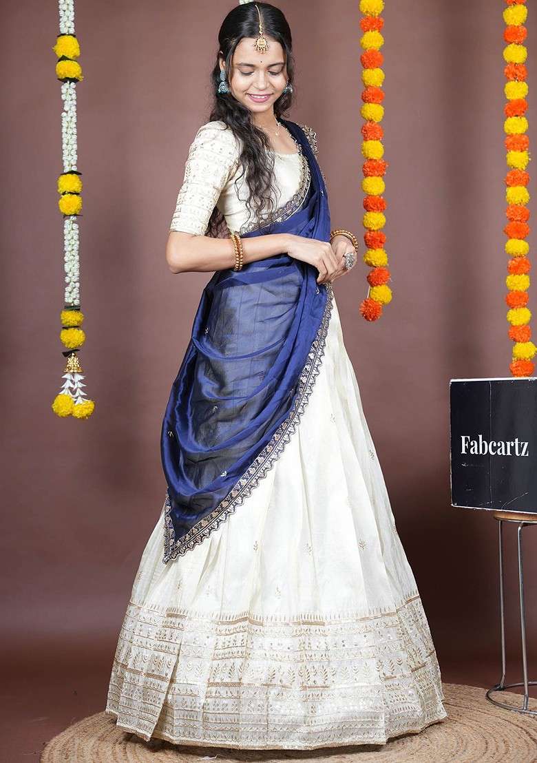 Navy Blue Emboridered Blended Lehenga Choli - Indya