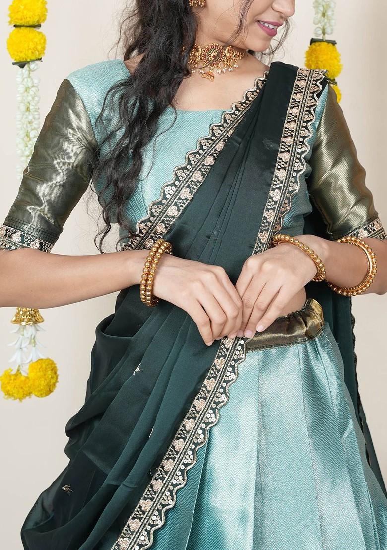 Sea Green Woven Design Blended Lehenga Choli - Indya