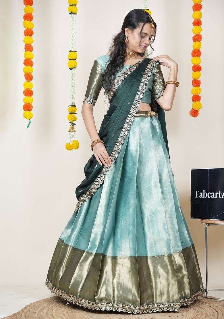 Sea Green Woven Design Blended Lehenga Choli - Indya