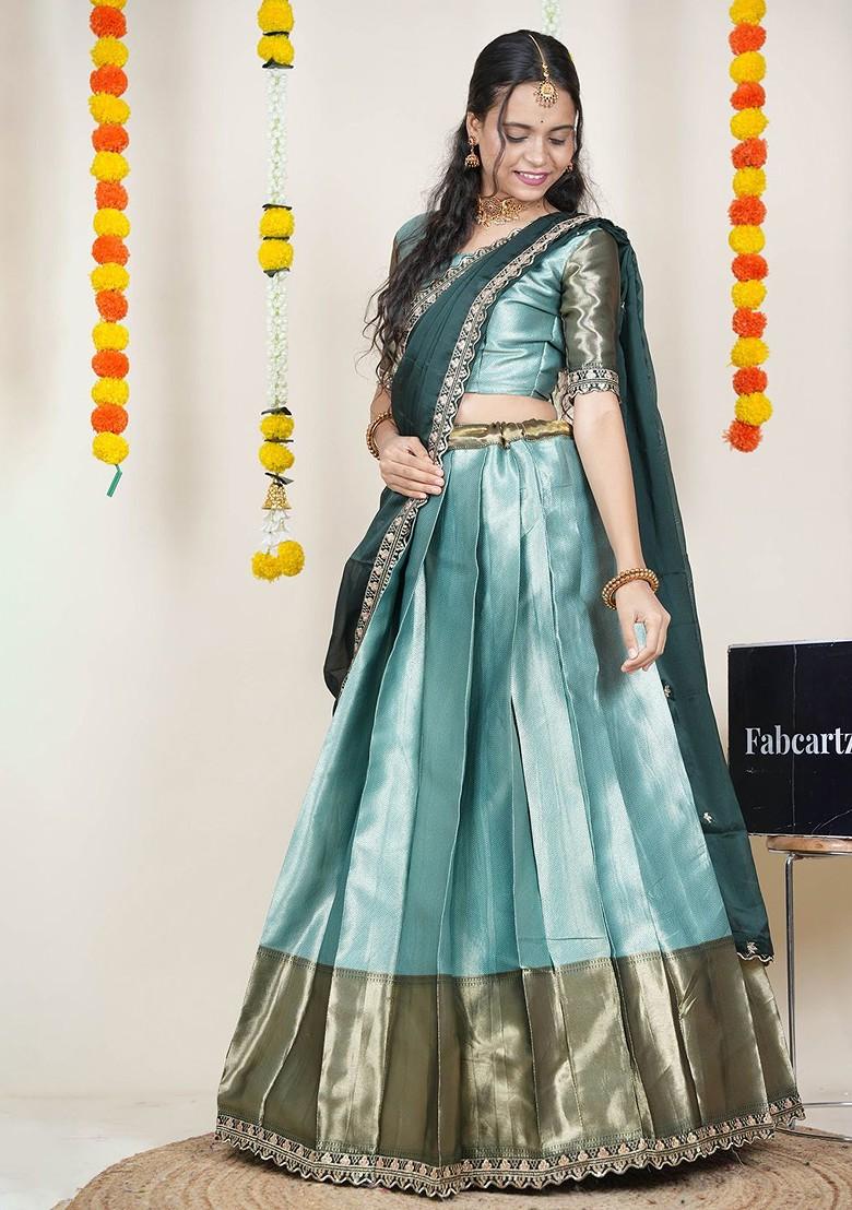 Sea Green Woven Design Blended Lehenga Choli - Indya