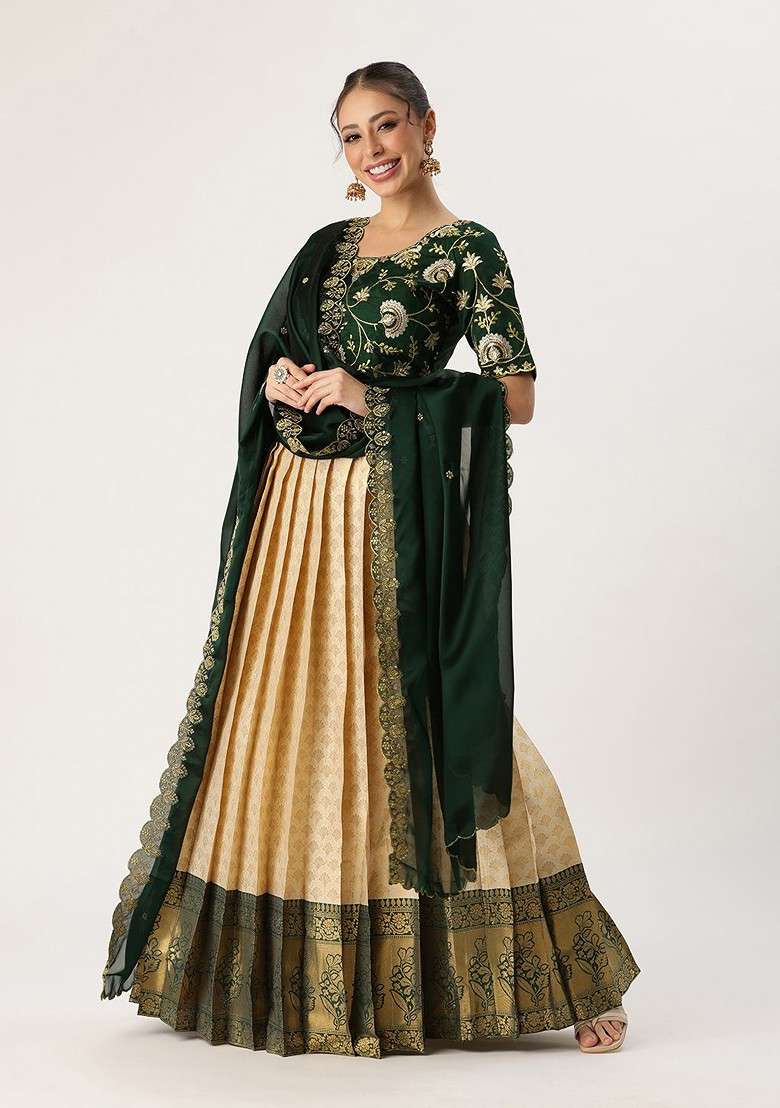 Cream Emboridered Blended Lehenga Choli - Indya