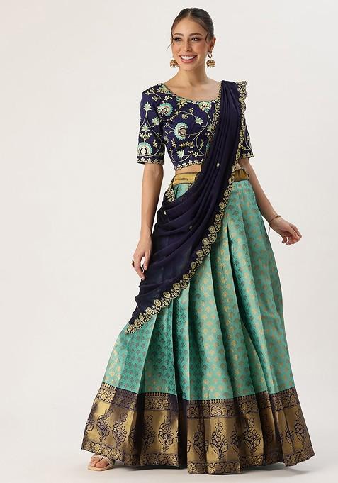 Turquoise Blue Emboridered Blended Lehenga Choli — view on Indya