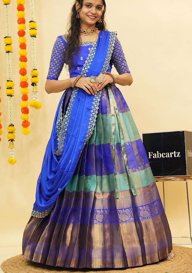 Sea Green Zari Work Blended Lehenga Choli - Indya