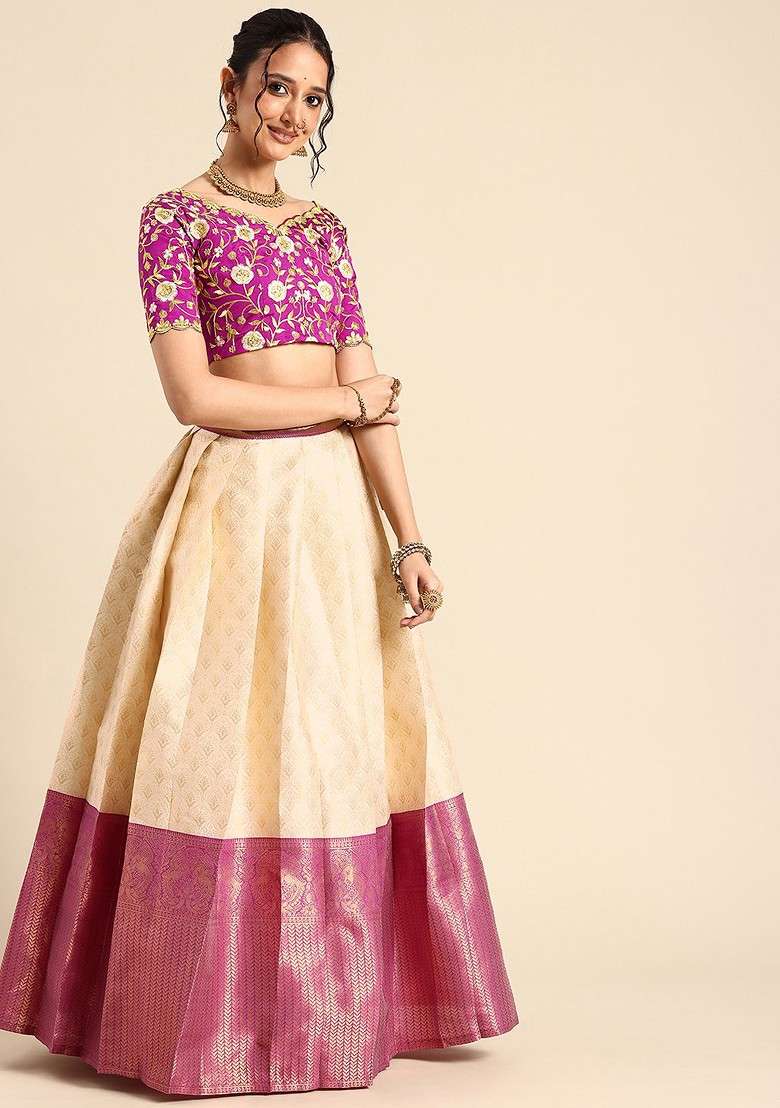 Cream Emboridered Blended Lehenga Choli - Indya