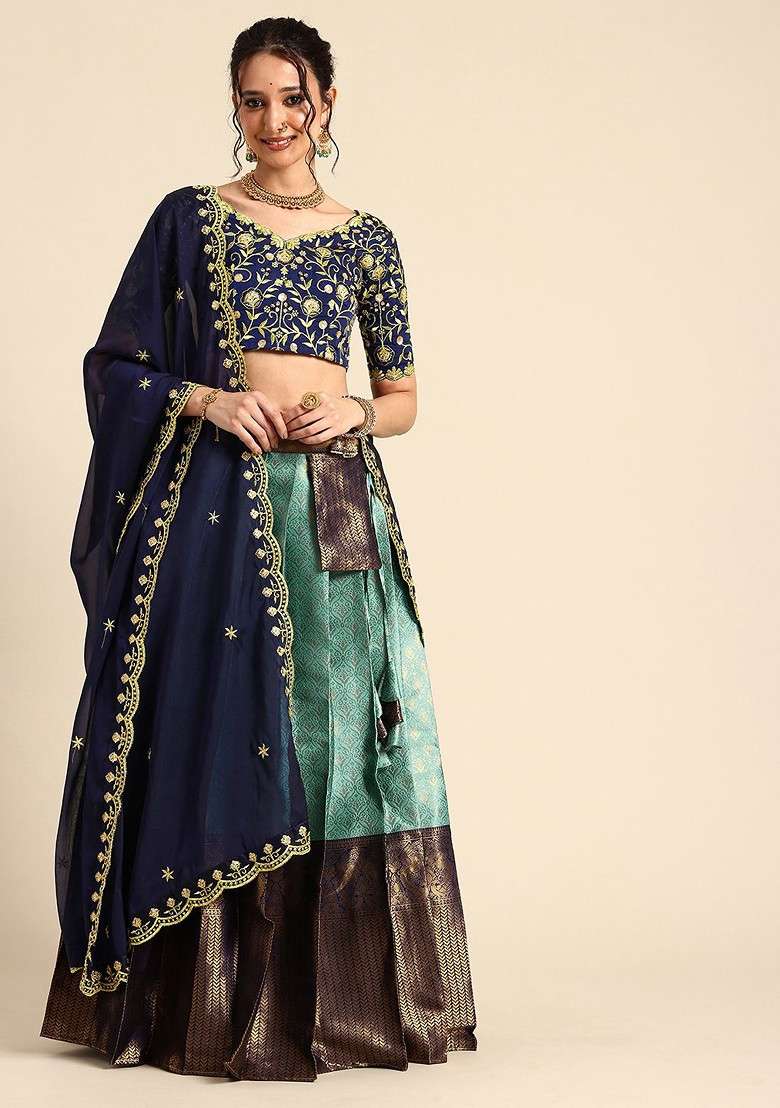 Sea Green Emboridered Blended Lehenga Choli - Indya