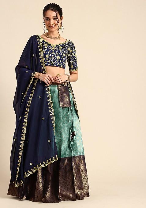 Sea Green Emboridered Blended Lehenga Choli — view on Indya