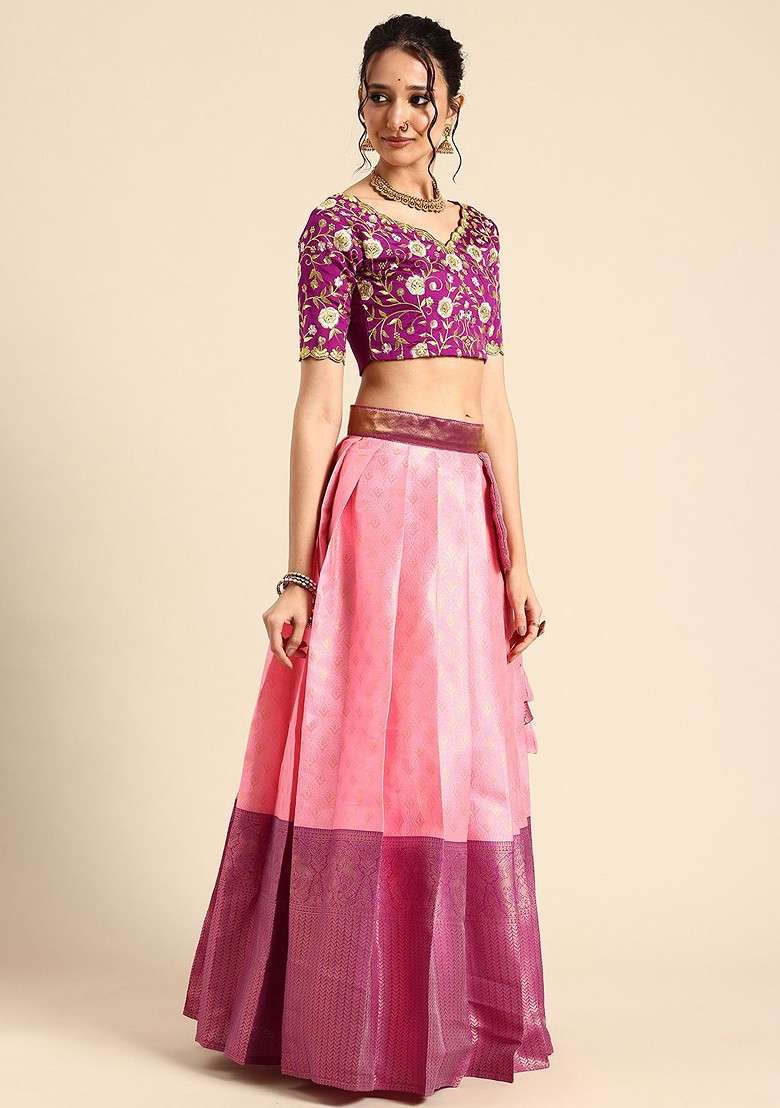 Pink Emboridered Blended Lehenga Choli - Indya