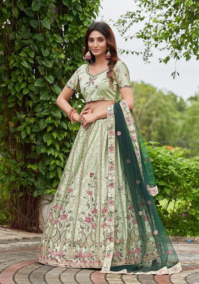 Lime Green Emboridered Blended Lehenga Choli - Indya