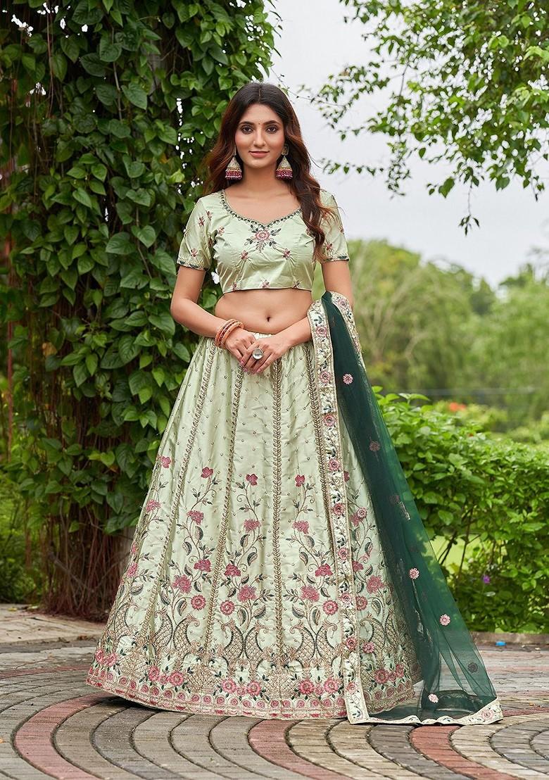 Lime Green Emboridered Blended Lehenga Choli - Indya