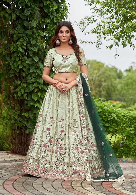 Lime Green Emboridered Blended Lehenga Choli — view on Indya