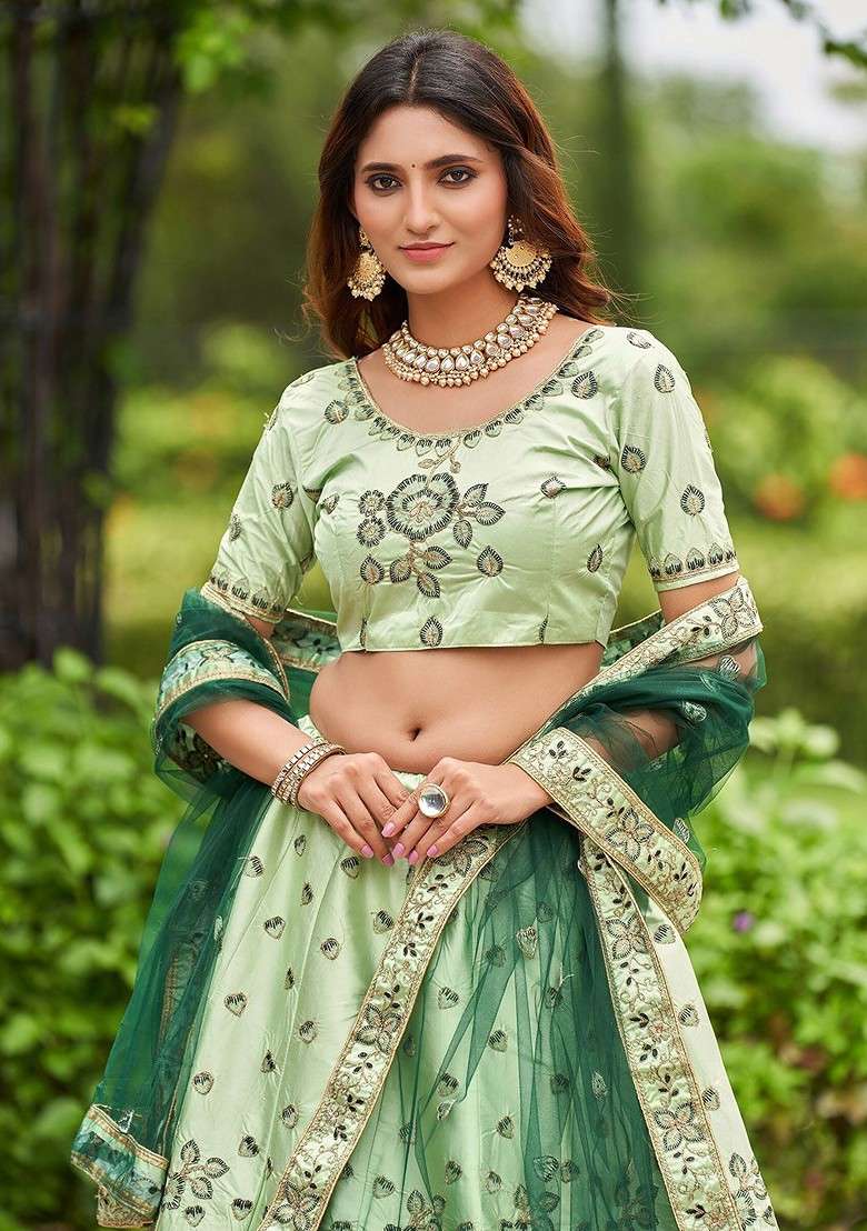 Sea Green Emboridered Blended Lehenga Choli - Indya