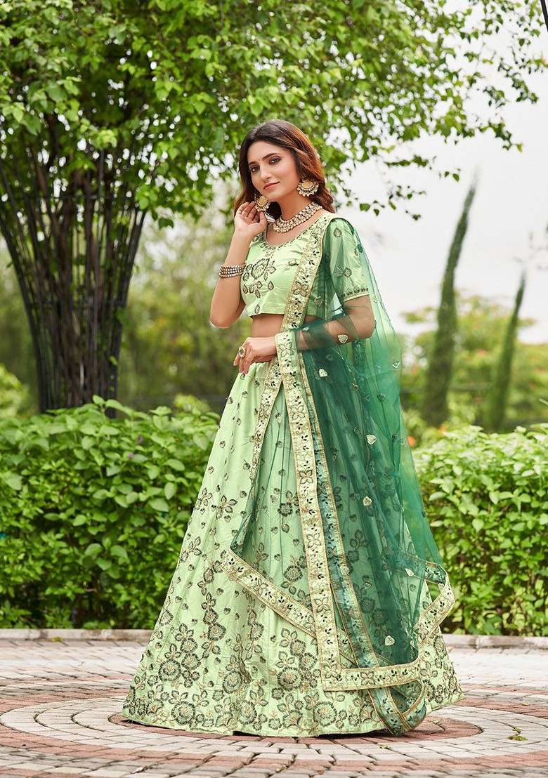 Sea Green Emboridered Blended Lehenga Choli - Indya
