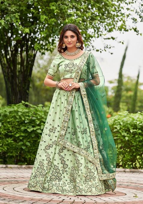Sea Green Emboridered Blended Lehenga Choli — view on Indya