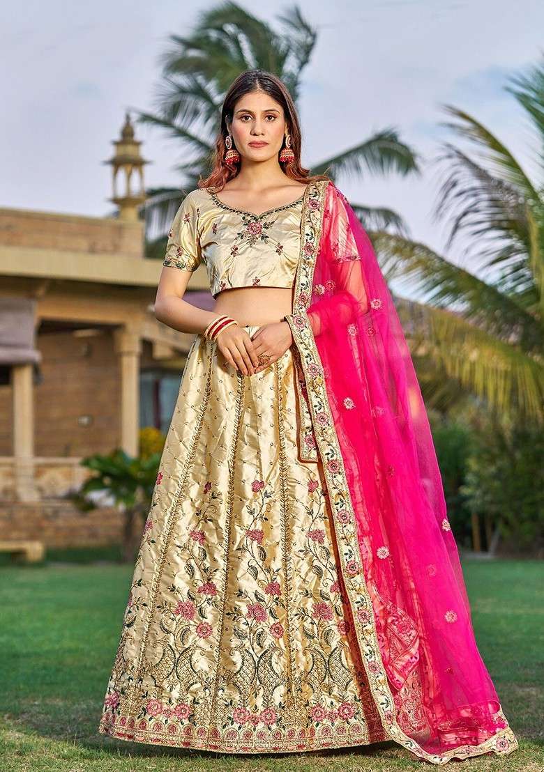 Cream Emboridered Blended Lehenga Choli - Indya