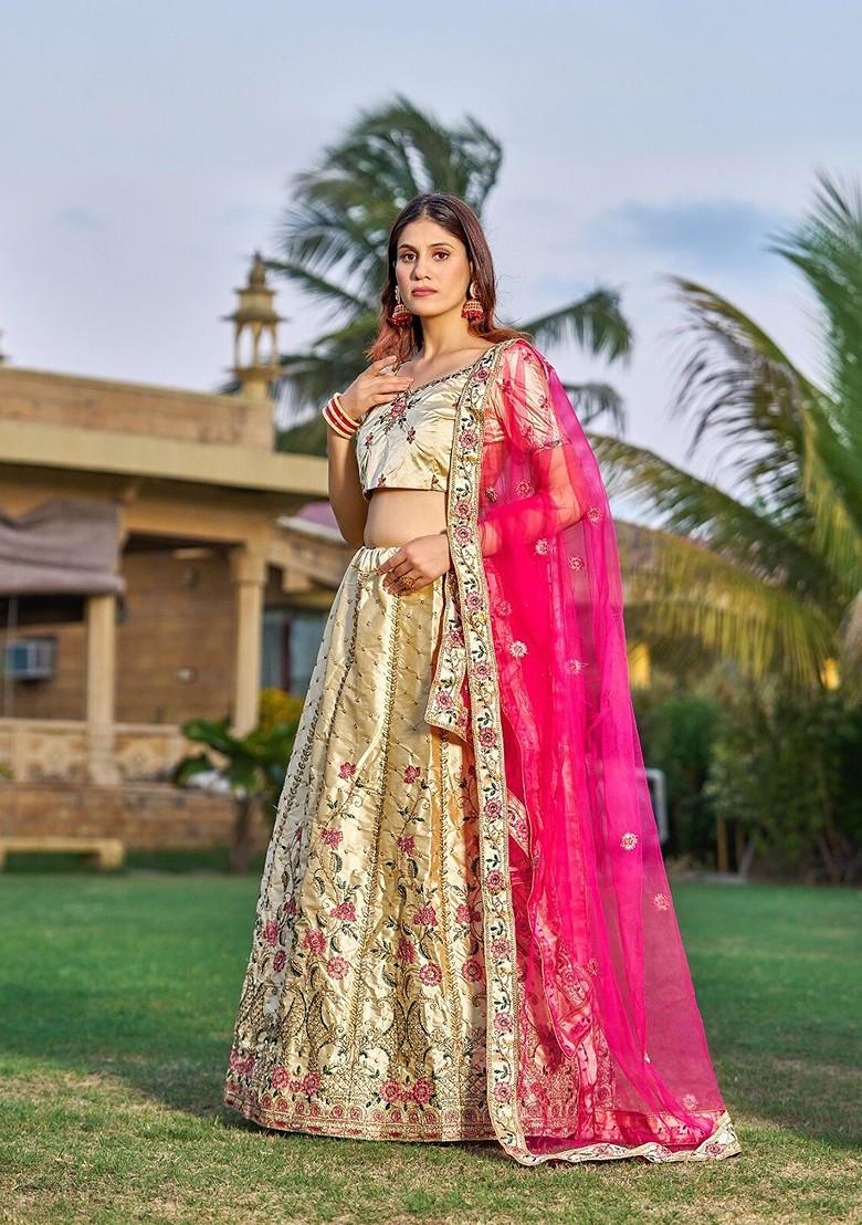 Cream Emboridered Blended Lehenga Choli - Indya