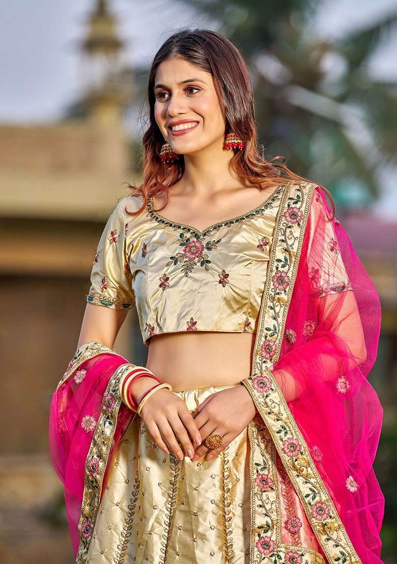 Cream Emboridered Blended Lehenga Choli - Indya